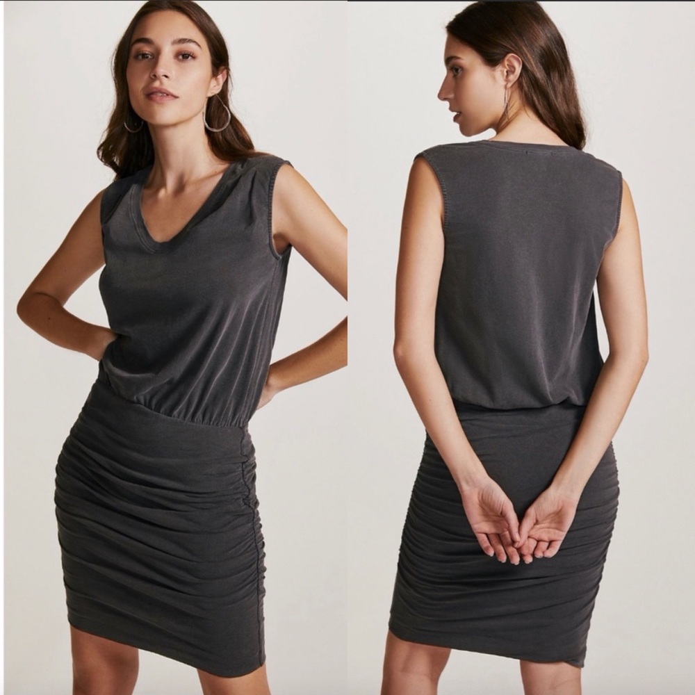 Anthropologie Sundry Ruched Mini Dress Grey Scoop Neck Dress
